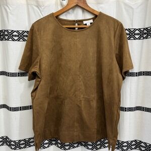 J.Jill Brown Faux Suede Short Sleeve Top Medium Stretchy Minimalist‎ Soft Touch